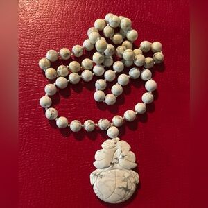 Vtg Howlite Necklace Knotted Between Stones Chinese Hand Carved Calming Stone